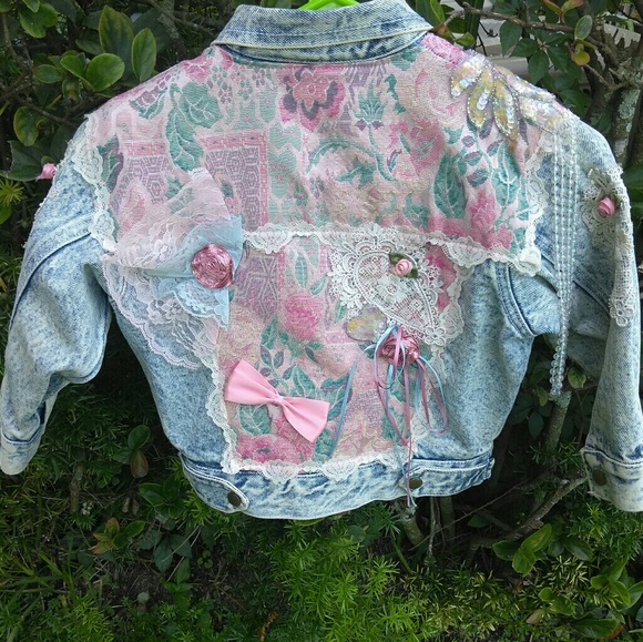 VTG OOAK 80s Acid Wash Denim Stone Embellished - Picture 1 of 8